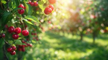 Bright red ripe cherries on a tree branch in a summer cherry garden photo