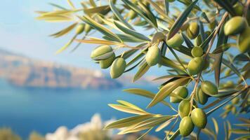 Green olives on the branch of an olive tree with sea and Greek island on the background photo