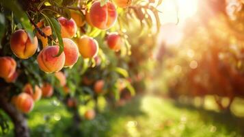 Bright, juicy, ripe peaches on the branches of a tree in the garden photo