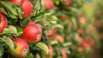Bright red ripe apples on a tree branch in a summer garden photo