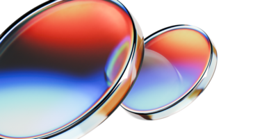 3d glass abstract Two iridescent round objects with a metallic rim. Perfect for technology concepts, abstract backgrounds, design elements, or futuristic themes. png