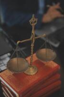 Law theme, gavel or mallet of the judge, lawyer enforcement officers, evidence-based cases taken into account in the court abount business, legislation. photo