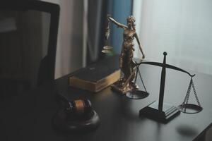 Law theme, gavel or mallet of the judge, lawyer enforcement officers, evidence-based cases taken into account in the court abount business, legislation. photo