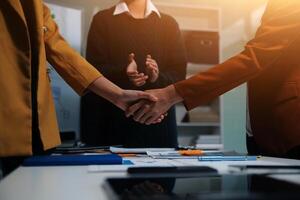 Hand join together for work togetherness, Hand stack for business and service, Team volunteering or teamwork. Concept connection of community and charity. Group of business workforce participation. photo