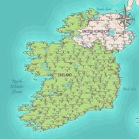 The image depicts a detailed map of Ireland, showcasing its coastline, major cities, and geographical features. The map is rendered in a cartographic style with a green color scheme vector