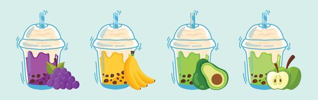 Delicious smoothies splashes collection with fruits, Grape Smoothie, Banana Smoothie, Avocado Smoothie, Apple Smoothie vector