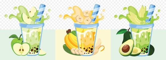 Flat smoothies in blender glass, Apple Smoothie, Banana Smoothie and Avocado Smoothie vector
