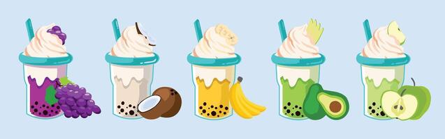 Fruit Smoothies, Fruit Juice, Grape Smoothie, Coconut Smoothie, Banana Smoothie, Avocado Smoothie, Apple Smoothie, Hand Drawn vector