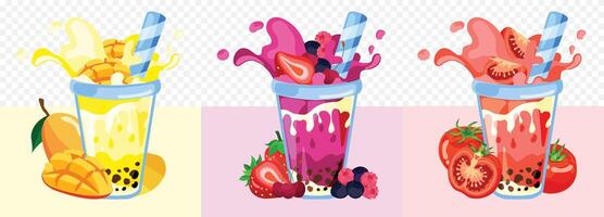 Flat smoothies in blender glass, Mango Smoothie, Mix Berries Smoothie and Tomato Smoothie vector