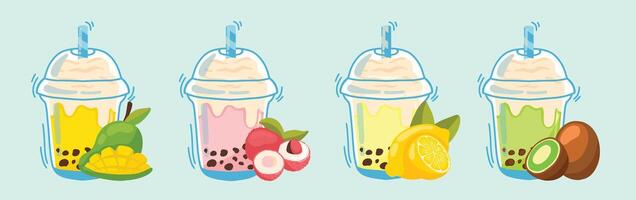 Delicious smoothies splashes collection with fruits, Mango Smoothie, Lychees Smoothie, Lemon Smoothie, Kiwi Smoothie vector