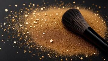 Aerial view of a powder make up brush with gold sequin stars spilling out over a black background flat lay. photo