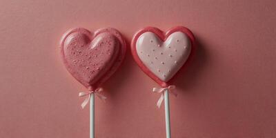 Heart shaped lollipops with a white stick on a pink background Minimal Valentines or love concept Flat lay. photo