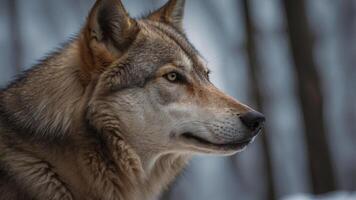 A tight shot of a wolf's face with a blurred background. photo