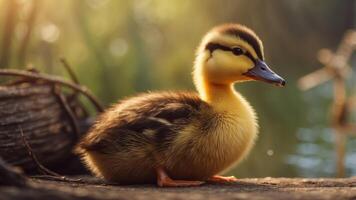 Cute little duckling on a rustic background. photo