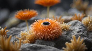 An orange sea anemone atop a rock amidst other anemones. photo