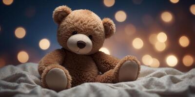 Dreamy night scene with teddy bear and crescent moon. photo