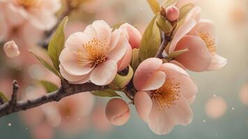 peach fuzz background with blooming peach branch. photo