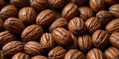 Close up of pecans on background Raw energy Top view. photo