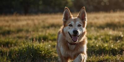 Happy dog running with ears flapping and tongue out in sunny field. photo