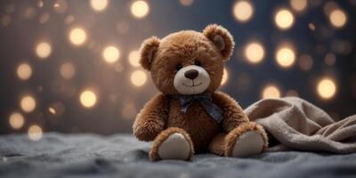 Dreamy night scene with teddy bear and crescent moon. photo
