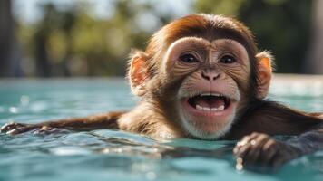 Cheerful monkey enjoying summer fun in a swimming pool. photo
