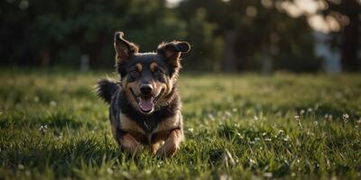 Happy Dog Running Through Lush Field with Ears Flapping and Tongue Out. photo
