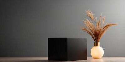 Modern Geometric Black Podium in Soft Illumination for Marketing Visuals. photo