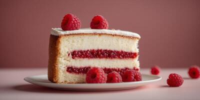 Raspberry layer cake slice on red background. photo