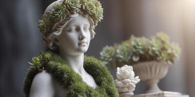 Serene marble statue adorned with succulent wreath. photo