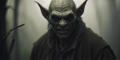 Sinister Goblin with Sharp Features Emerging from Misty Woodland Shadows. photo
