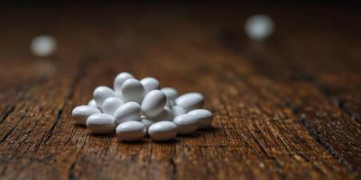 Close-up of white pills on a wooden surface. photo