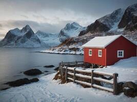 Snowy scene in Lofoten with a red fishing cabin and fence. photo