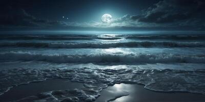 a moonlit beach with the full moon casting a silver path across the dark waters and illuminating the foamy edges of the waves as they meet the shore. photo