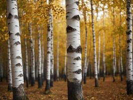 Serene birch forest in autumn with golden leaves and soft light. photo