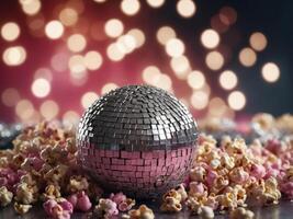 Pink and silver shiny disco ball full of popcorn Party concept. photo