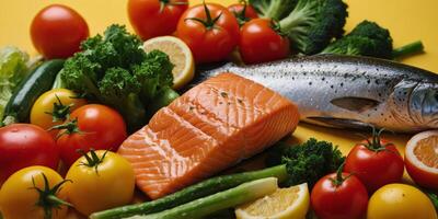 Assorted fresh vegetables and salmon fillets on yellow background. photo