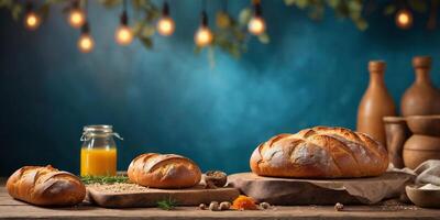 Baked bread on a wooden table with ingredients. photo