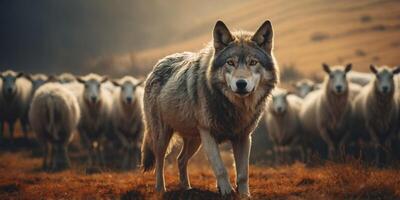 Wild wolf in front of herd of livestock sheep. photo