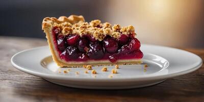 Single slice of plum pie with crumbles topping on plate. photo