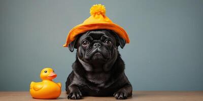 Black pug dog with rubber duck on head in front of orange studio background with copy space. photo