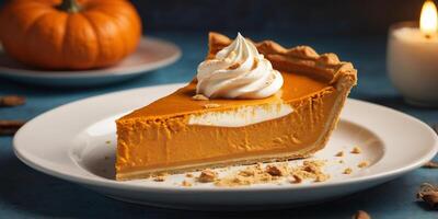 Single slice of pumpkin pie with cream on plate. photo
