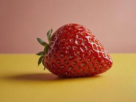 Slice of strawberry wrapped like candy on bright yellow background Minimal fruit concept Top view Copy space. photo