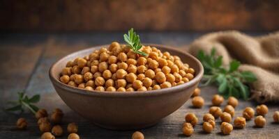 Bowl of chickpeas on a rustic surface with burlap. photo