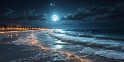 a moonlit beach with the full moon casting a silver path across the dark waters and illuminating the foamy edges of the waves as they meet the shore. photo