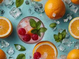 Refreshing berry-orange lemonade with mint and ice. photo
