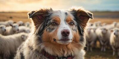 Close up of Australian Shepherd dog in front of flock of sheep. photo