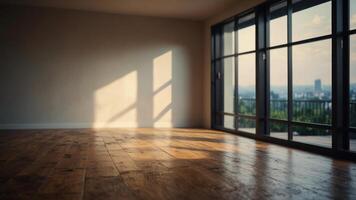 Bright and empty room with a view and wood flooring. photo