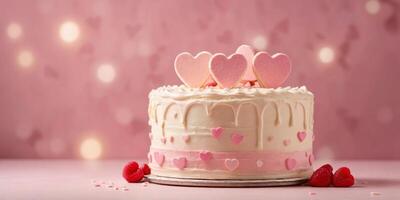 Whole cream cake with hearts on pastel pink background with copy space. photo