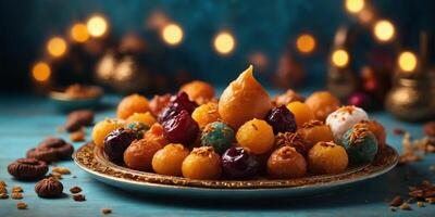 a plate of Eastern sweets arranged in the shape of the crescent moon of Ramadan. photo