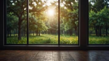 Bright empty room with window view of nature. photo